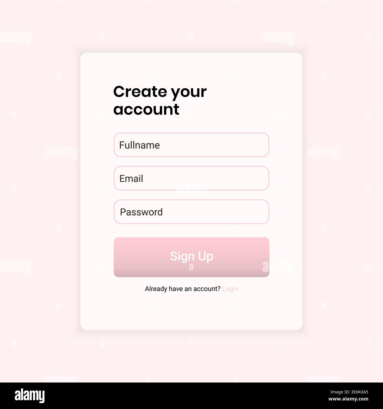 User interface design showcasing a create account form with inactive or disabled button state and soft pink input field styling. Includes full name, e Stock Vector