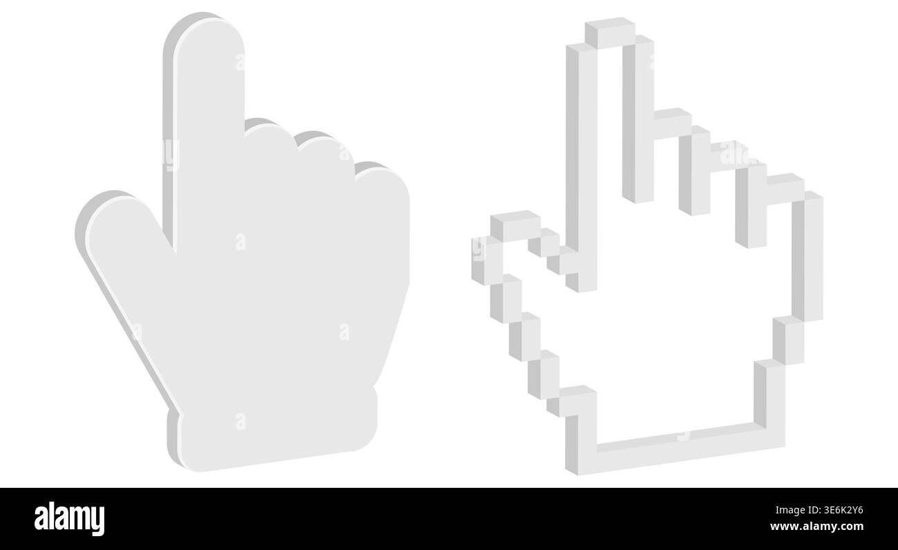 Two hand cursor styles including a smooth rendered hand and a classic pixelated 3D cursor. Ideal for UI design web tutorials or interface element mock Stock Vector