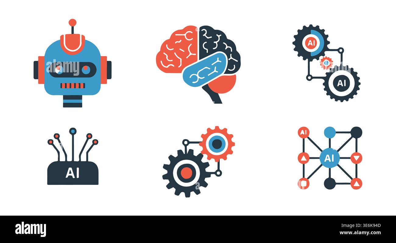 Artificial intelligence icons set with robot and brain, technology concept Stock Vector