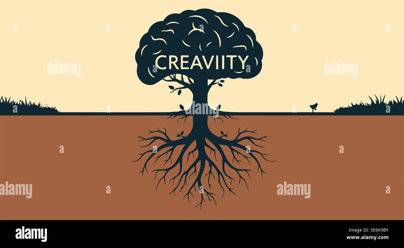 Creativity concept tree with roots illustration, idea growth and thinking concept Stock Vector