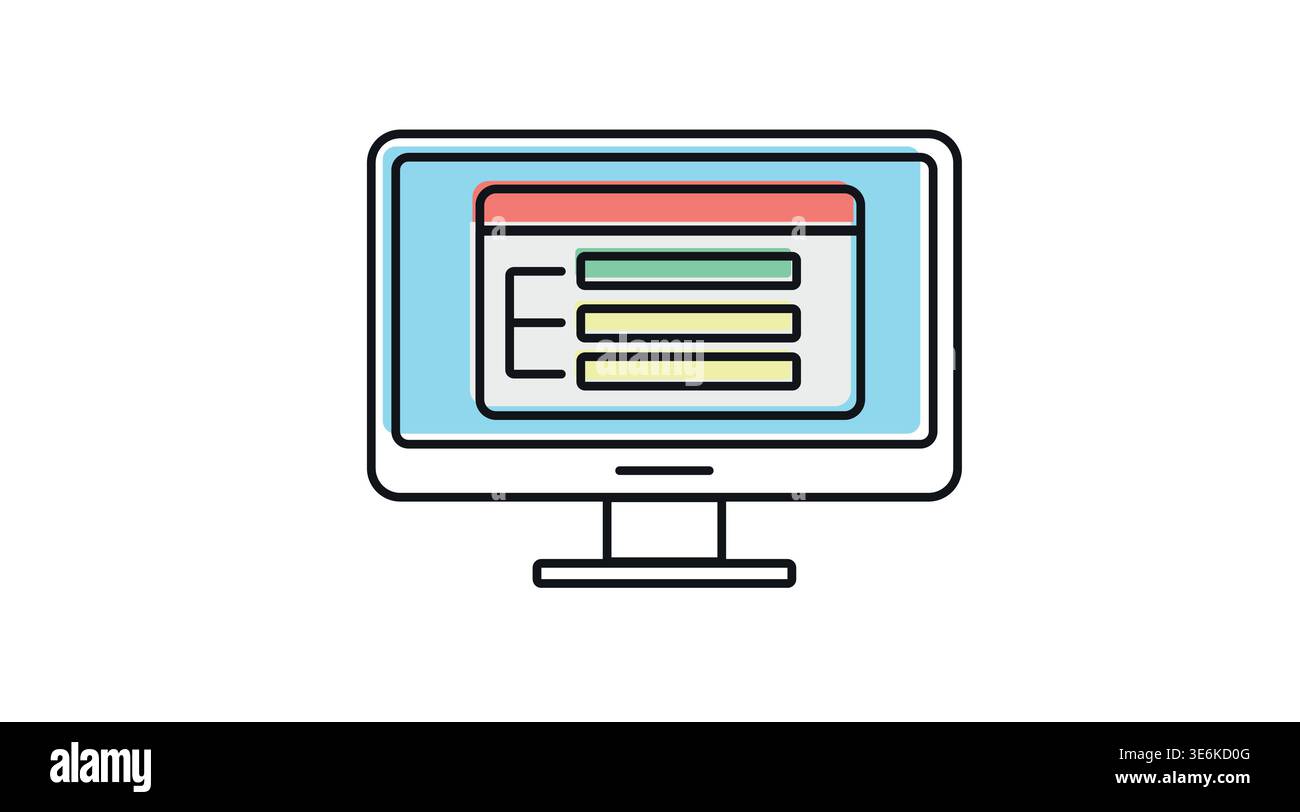 Colorful web design and UI UX layout icon: desktop computer with wireframe on screen Stock Vector