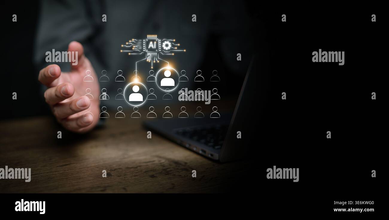 The manager uses AI technology to select top talent from a pool of workers. Shift toward automated talent acquisition, human resources recruitment aut Stock Photo