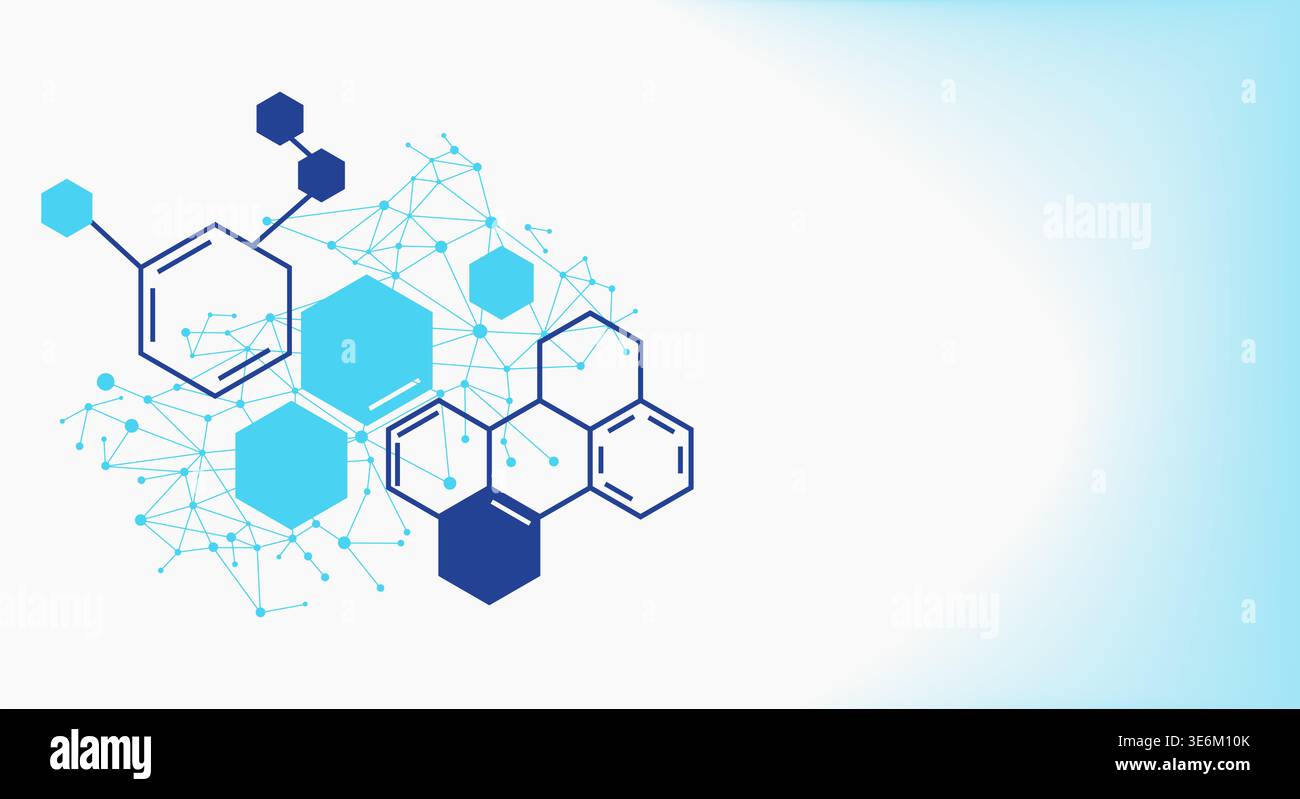 Modern abstract background illustrating molecular structures and data networks with interconnected blue hexagonal shapes, dots, and lines. Stock Vector