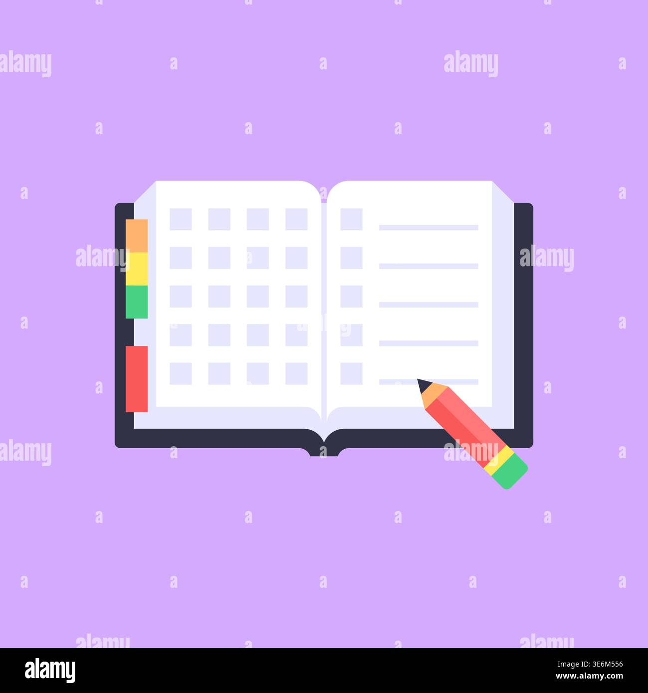 Open Diary Planner with Pencil Flat Vector Illustration Stock Vector