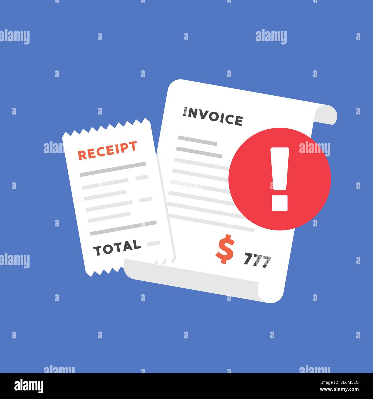 Receipt and Invoice with Warning Icon Flat Vector Illustration Stock Vector