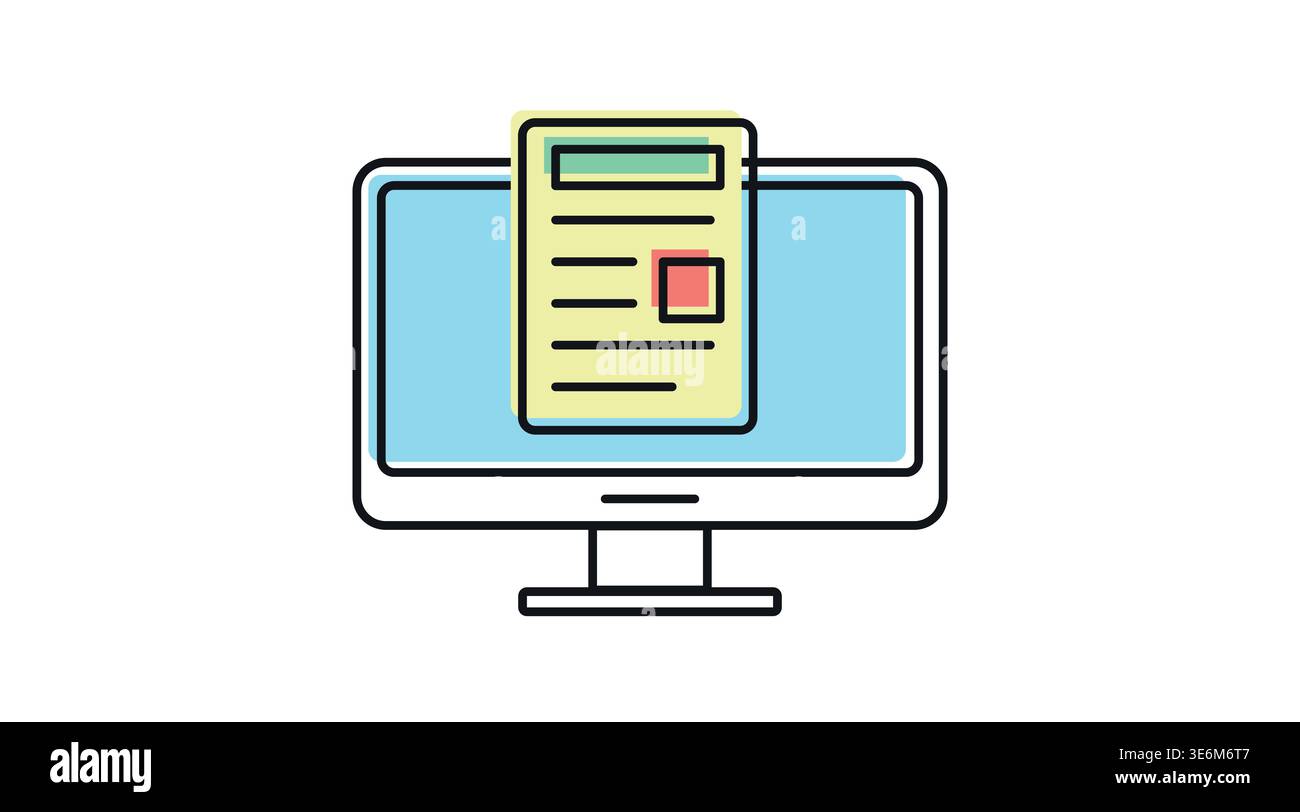 Digital document and office work icon: desktop computer with text file Stock Vector