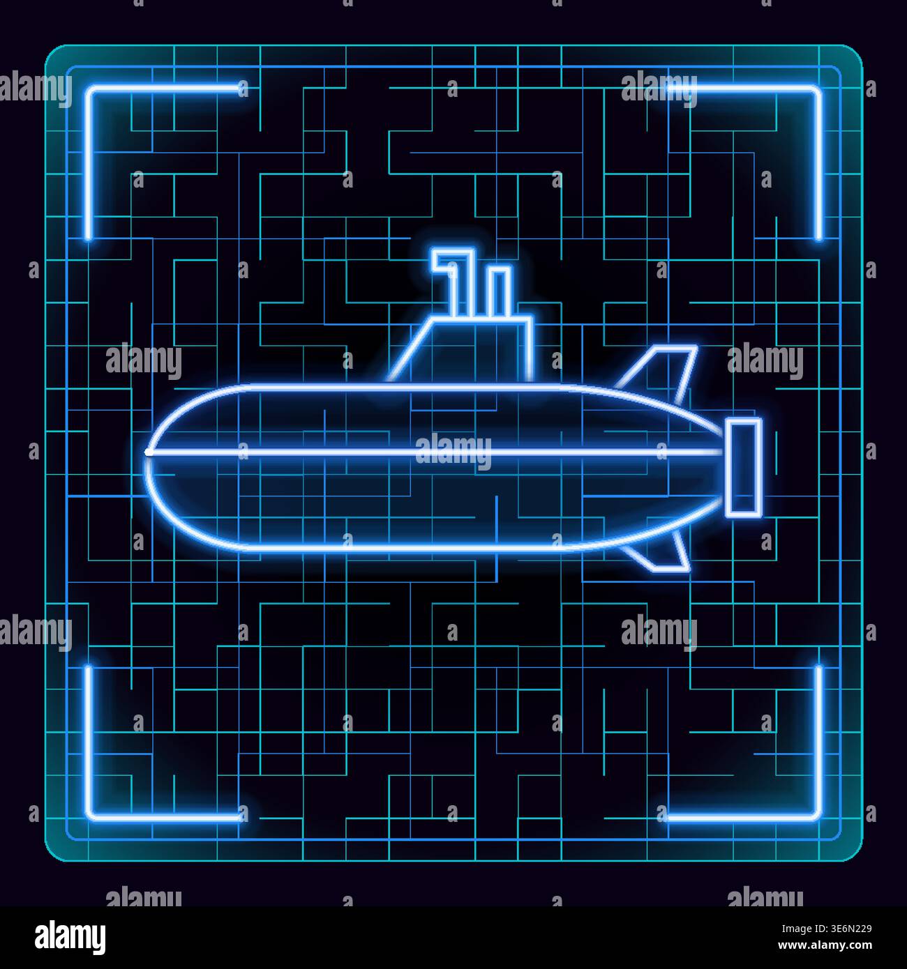 Submarine icon. Glowing neon icon with border grid vector. Stock Vector