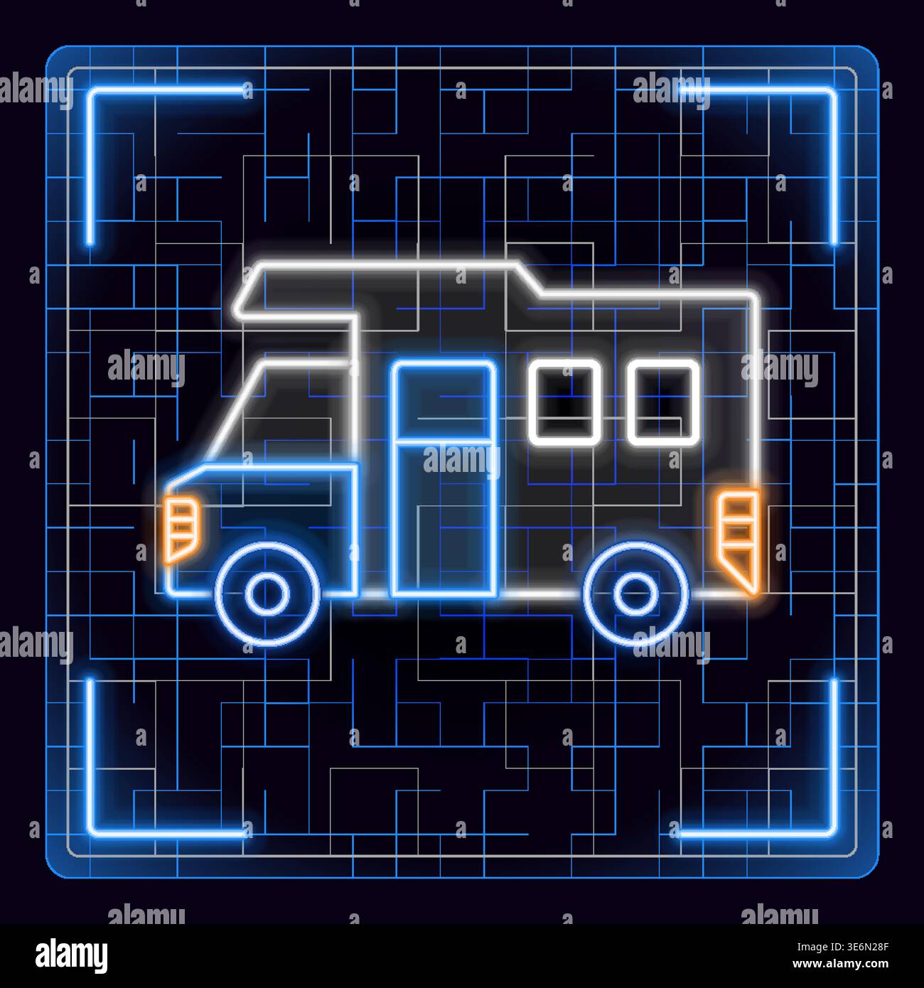 Recreational vehicle icon, camper van open road travel. Glowing neon icon with border grid vector. Stock Vector