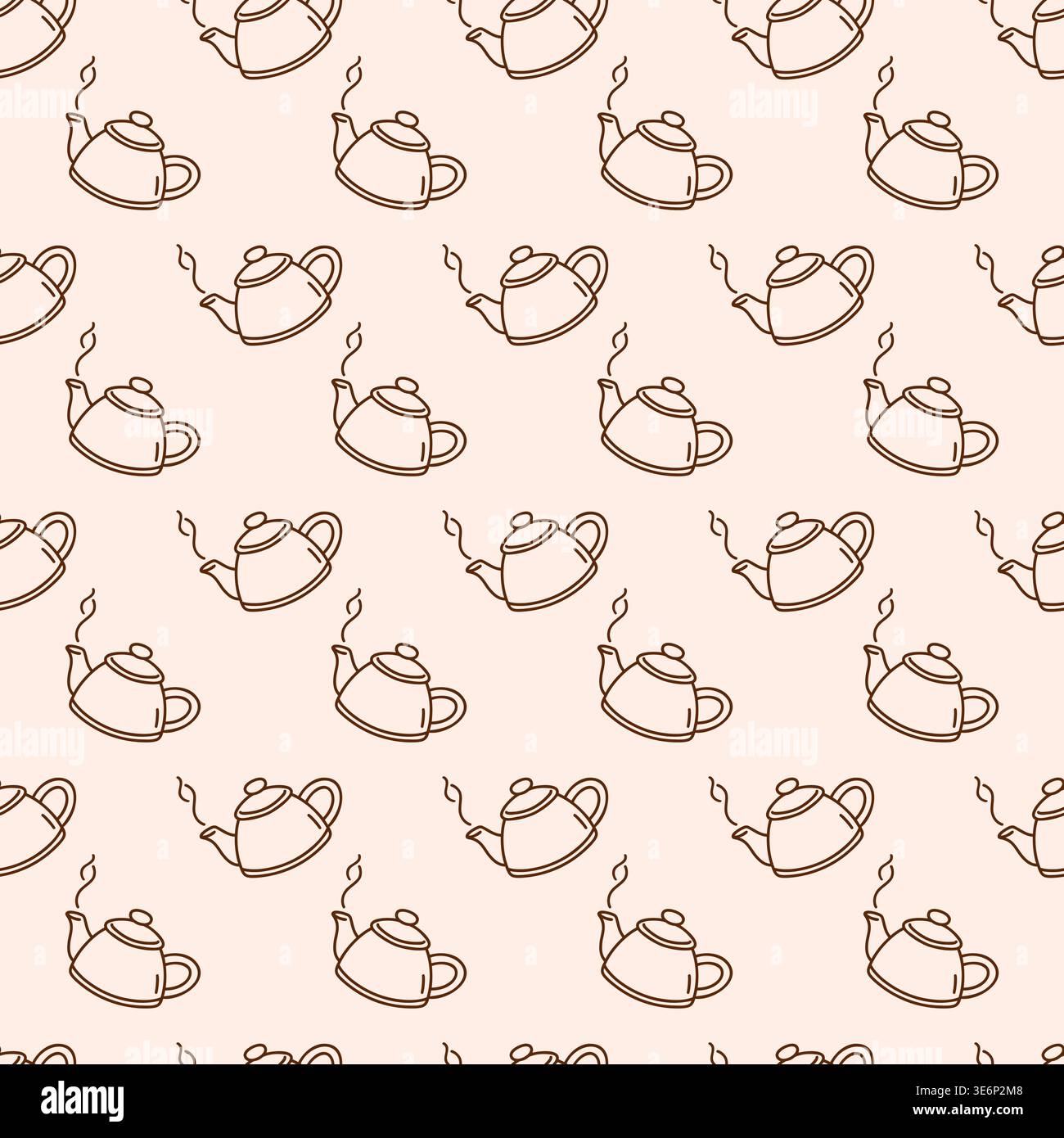 Seamless pattern with teapots on beige background. Minimal brown outline vector Print Stock Vector