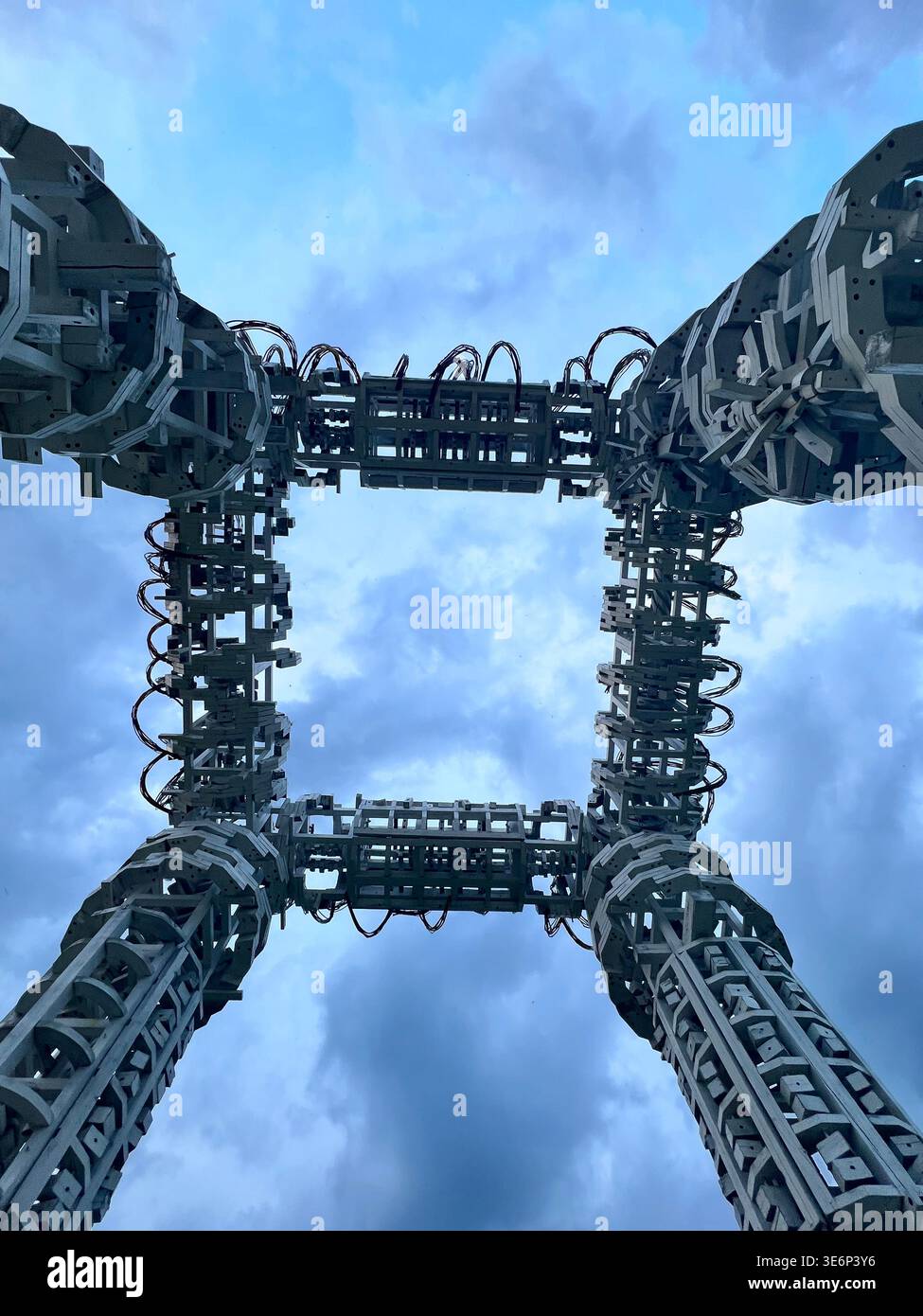 Upward view from beneath the White Gates art object in Nikola-Lenivets art park, Kaluga Region, Russia. - Smartphone Captured Stock Image