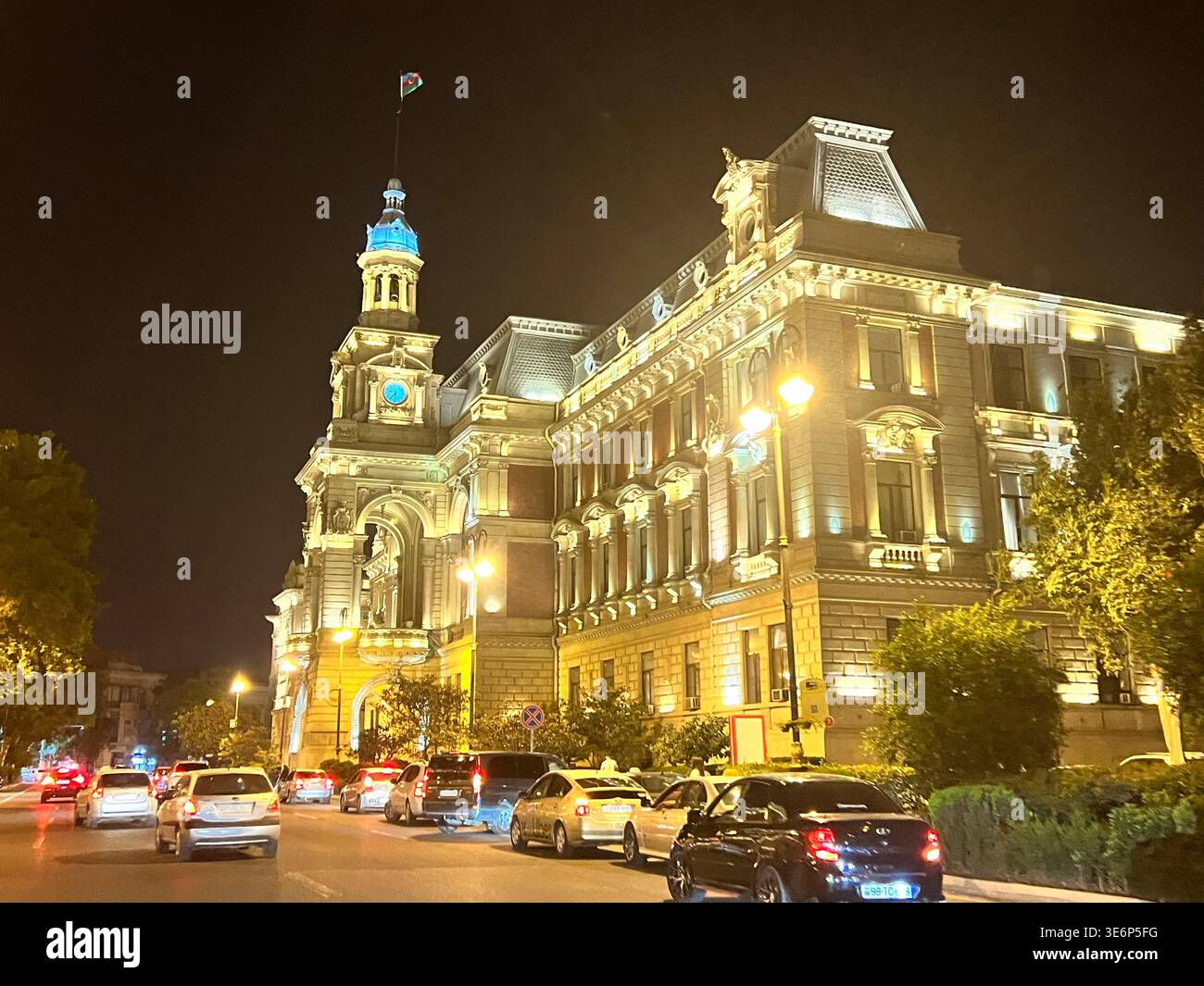 Night view of the Building of the Baku City Executive Power on Istiglaliyyat Street in Baku, Azerbaijan. - Smartphone Captured Stock Image