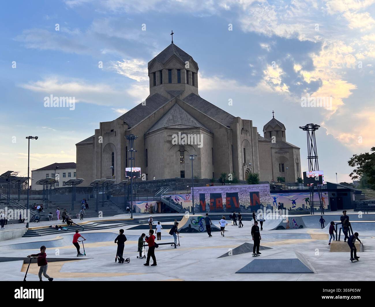Saint Gregory the Illuminator Cathedral rising behind a skatepark in Yerevan, Armenia. - Smartphone Captured Stock Image