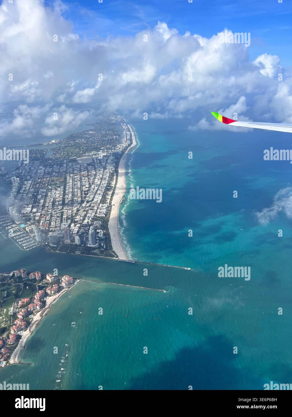 Aerial view of Miami Beach and the Atlantic Ocean from an airplane over Miami Beach, Florida, USA. - Smartphone Captured Stock Image