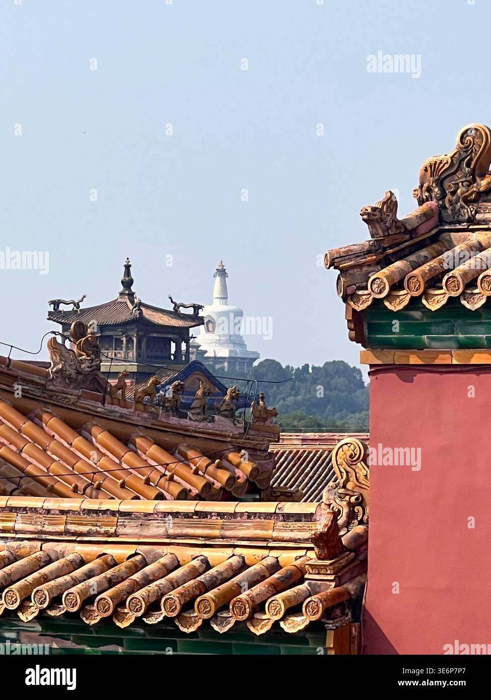 Forbidden City rooftops with the White Dagoba of Beihai Park in the distance, Beijing, China. - Smartphone Captured Stock Image