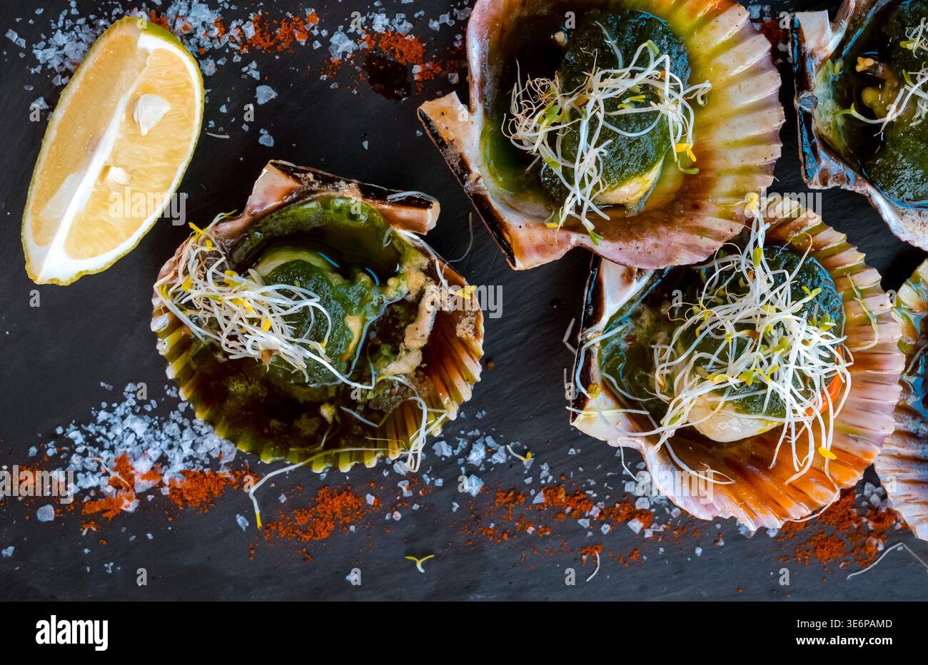 Fresh delicious scallops and seafood served with traditional Canarian green sauce and soy sprouts and herbs. Dish with cooked scallops in shells, serv Stock Photo