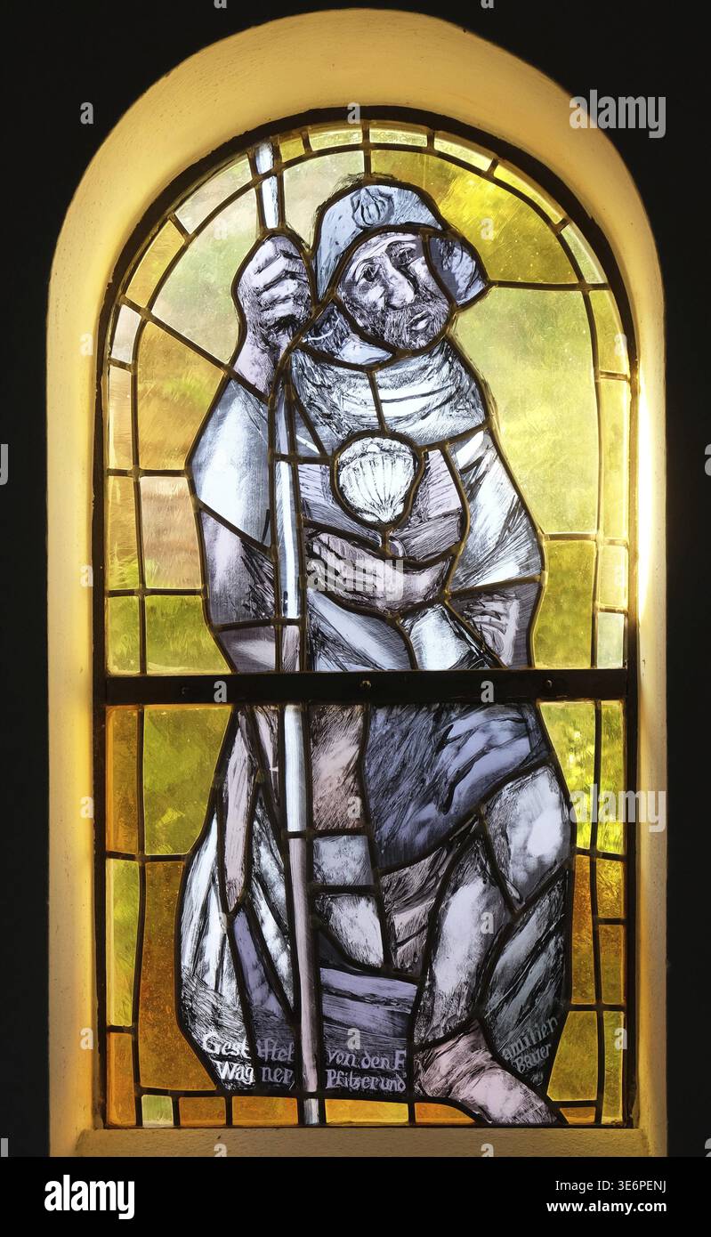 Saint James, stained glass window by Sieger Koder in chapel in Hinterbrand, Germany Stock Photo