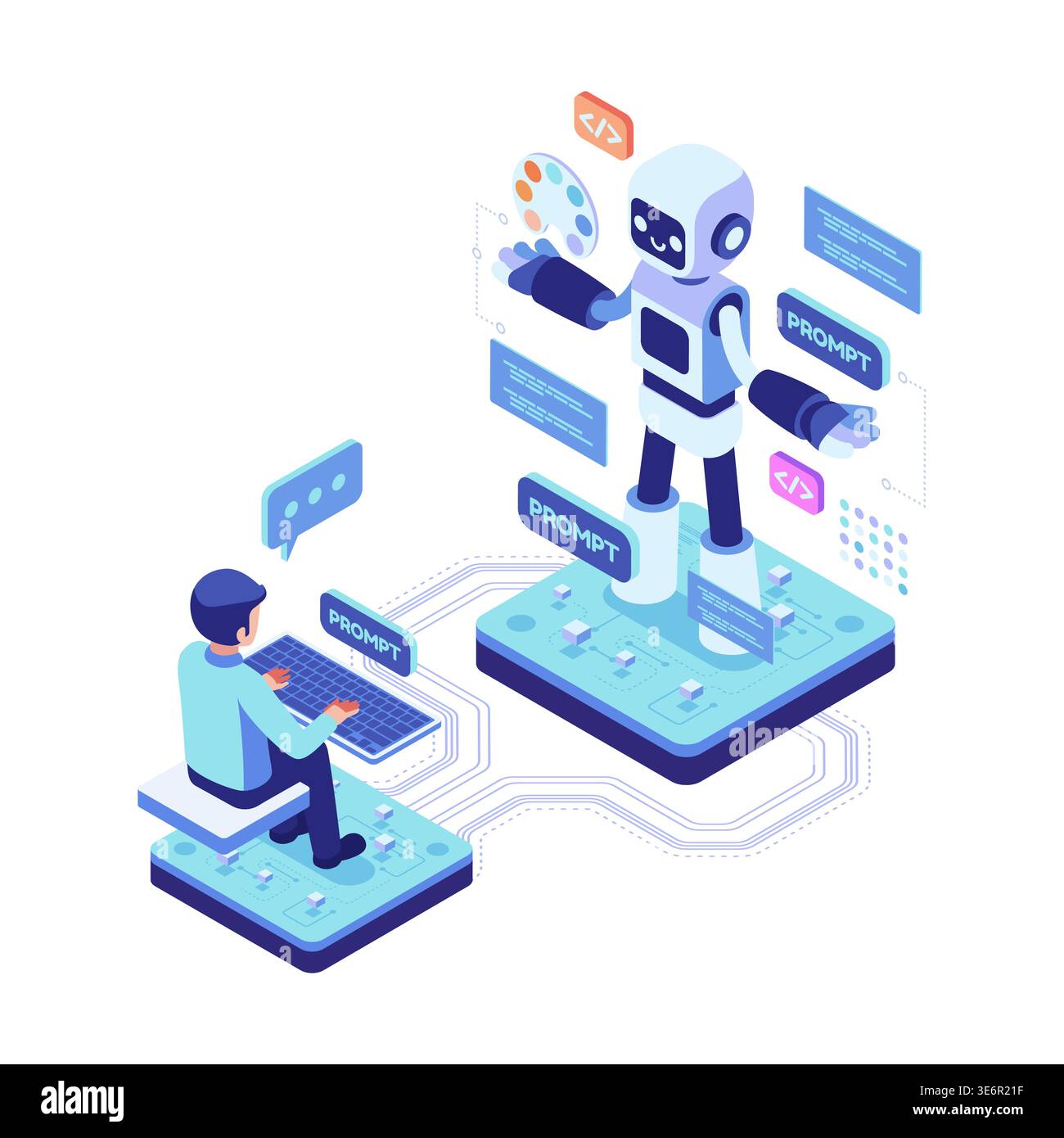 Isometric Person Working on AI Prompt Engineering for Digital Content Creation. AI Prompt Engineering Concept Stock Vector