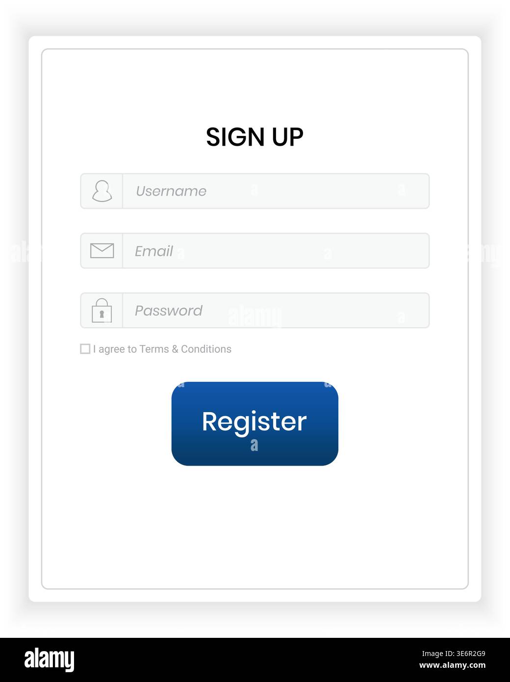 A minimal and clean sign up form user interface displayed on a soft light background with subtle shadows and rounded container edges. The layout featu Stock Vector