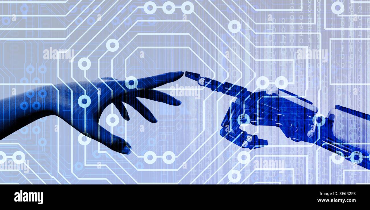 Human And Robot Hands Connect Symbolizing Artificial Intelligence Partnership Stock Photo