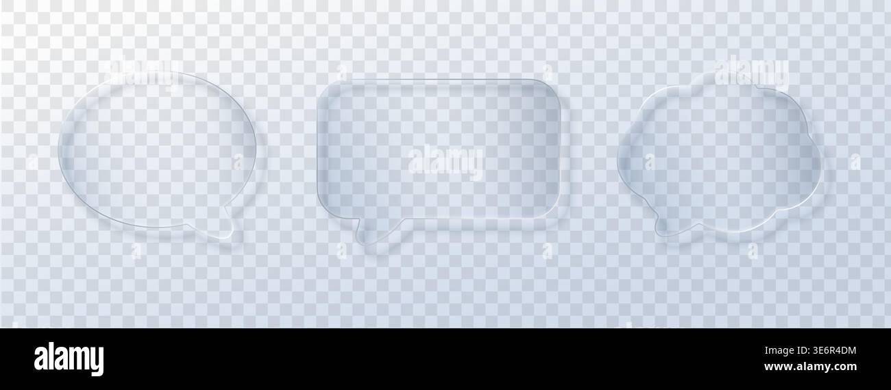 Set Glass speech bubble with transparent frame and glossy texture. 3D chat icon featuring abstract cloud shape, modern UI design element with shadow Stock Vector