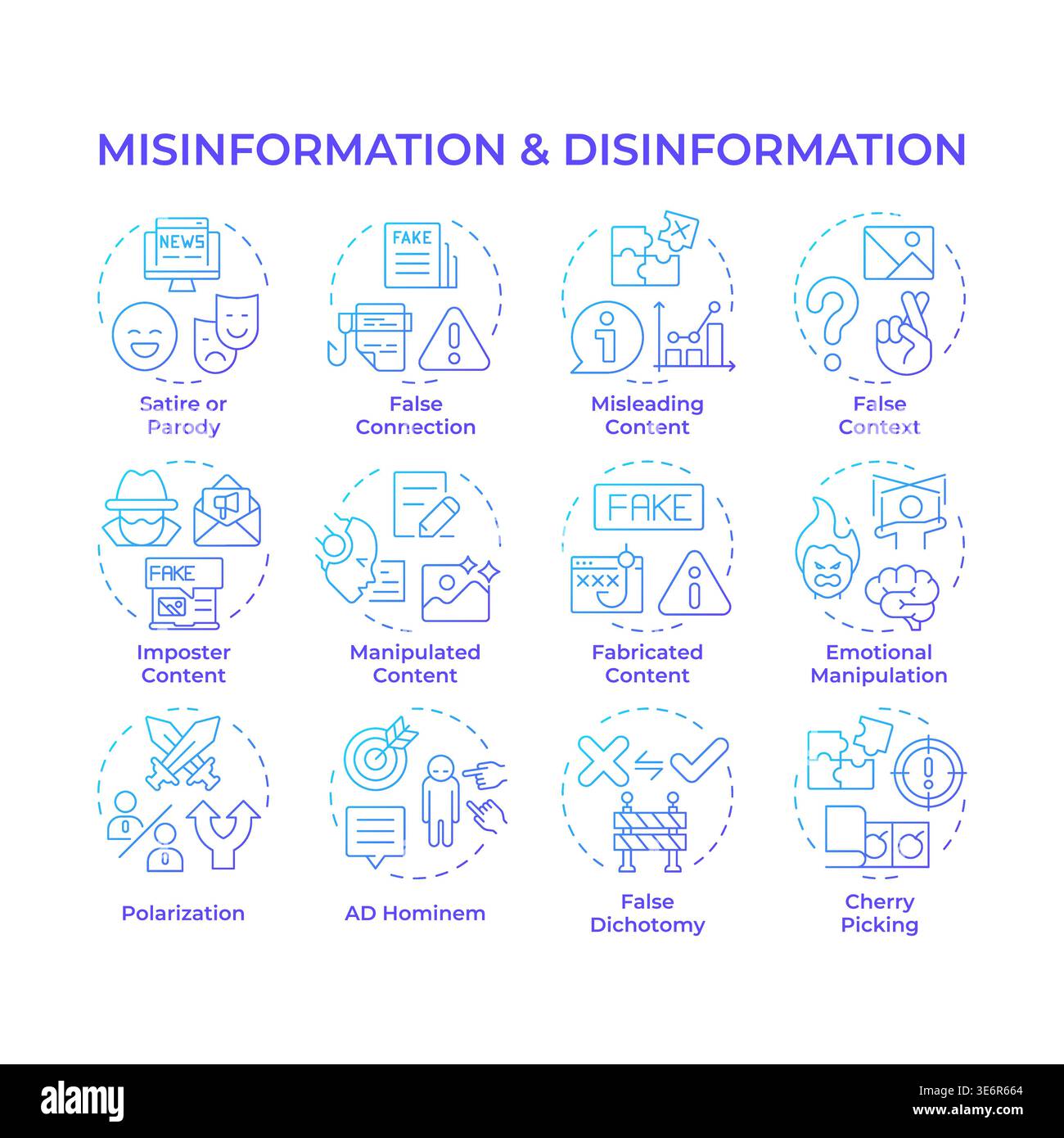 Misinformation and disinformation blue gradient concept icons Stock Vector