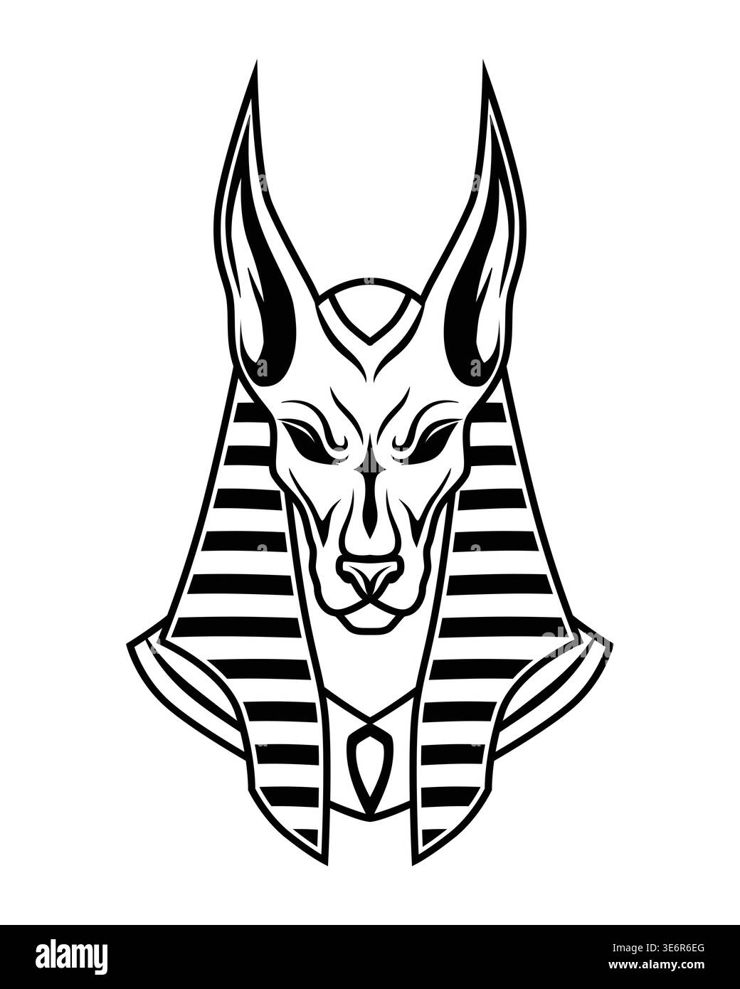 Stylized black line art illustration of Anubis head inspired by ancient Egyptian mythology and tribal tattoo design. Clean vector style with symmetric Stock Vector