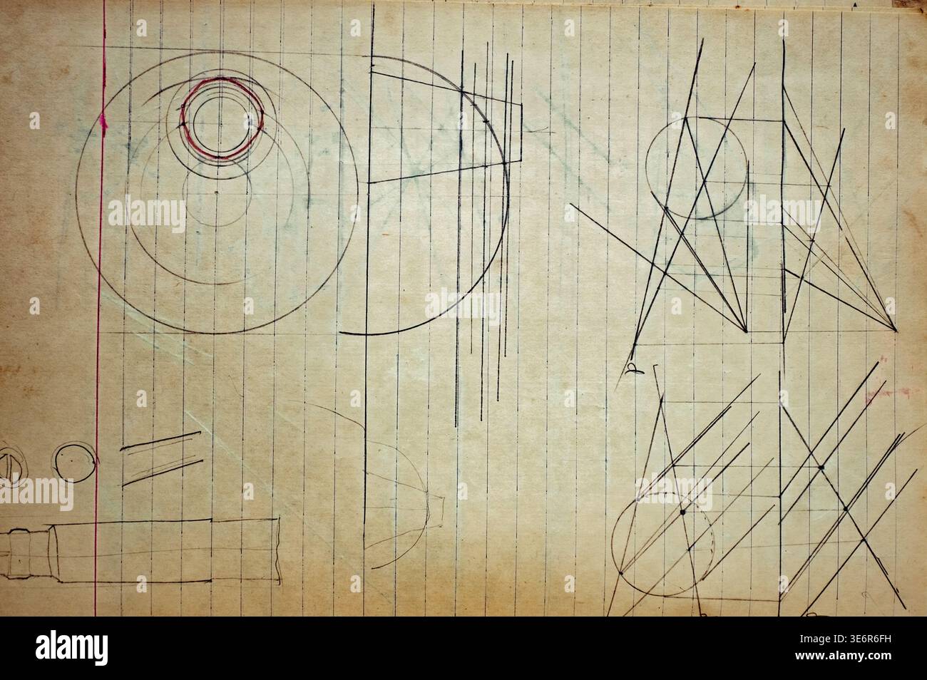 a vintage technical drawing, likely from a notebook, illustrating ...