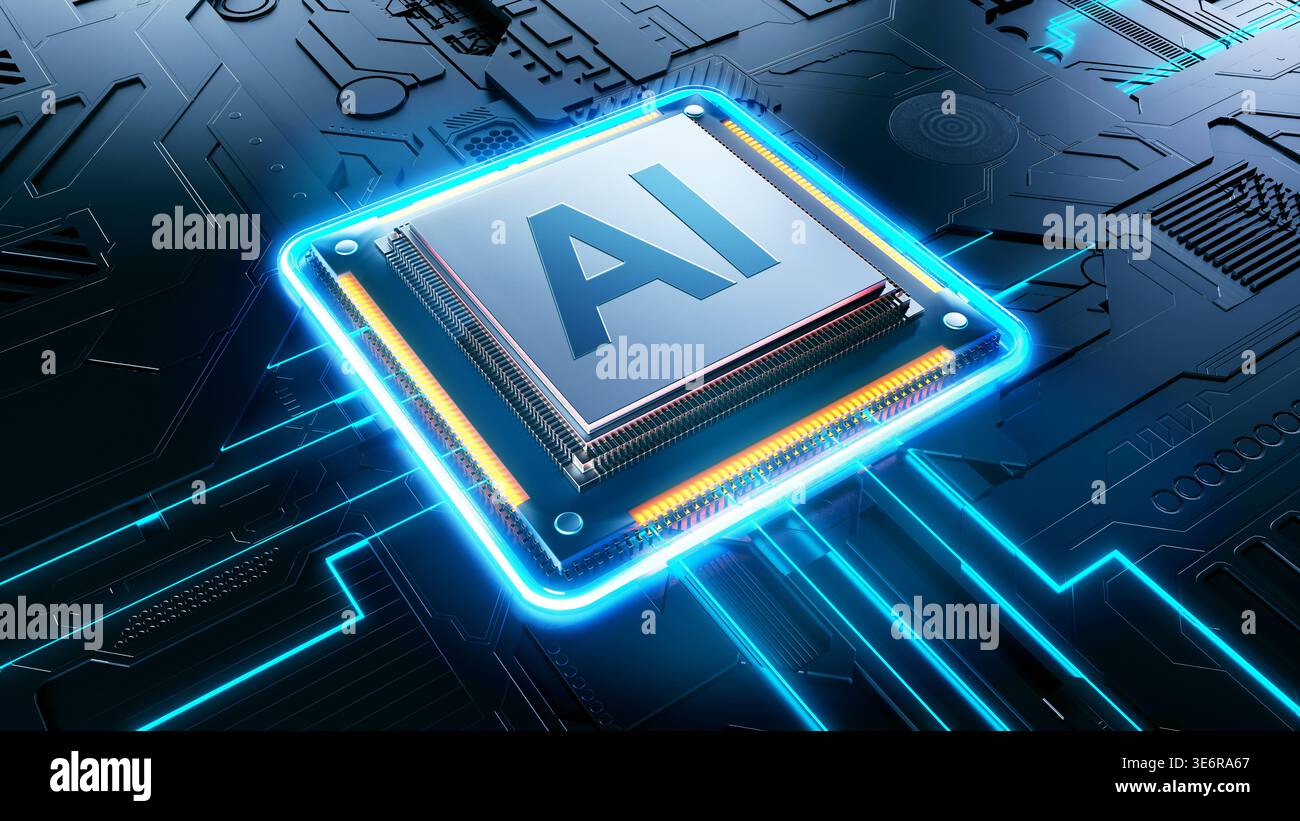 Futuristic AI microchip on a digital circuit board with glowing blue neon lights. Concept for artificial intelligence hardware and data processing. Stock Photo