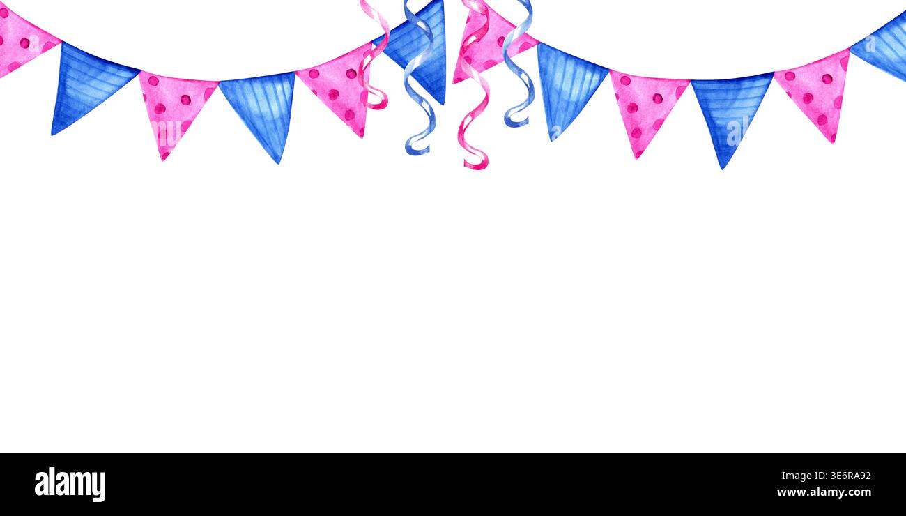 Hand drawn watercolor festive party garland bunner with blue and pink ...