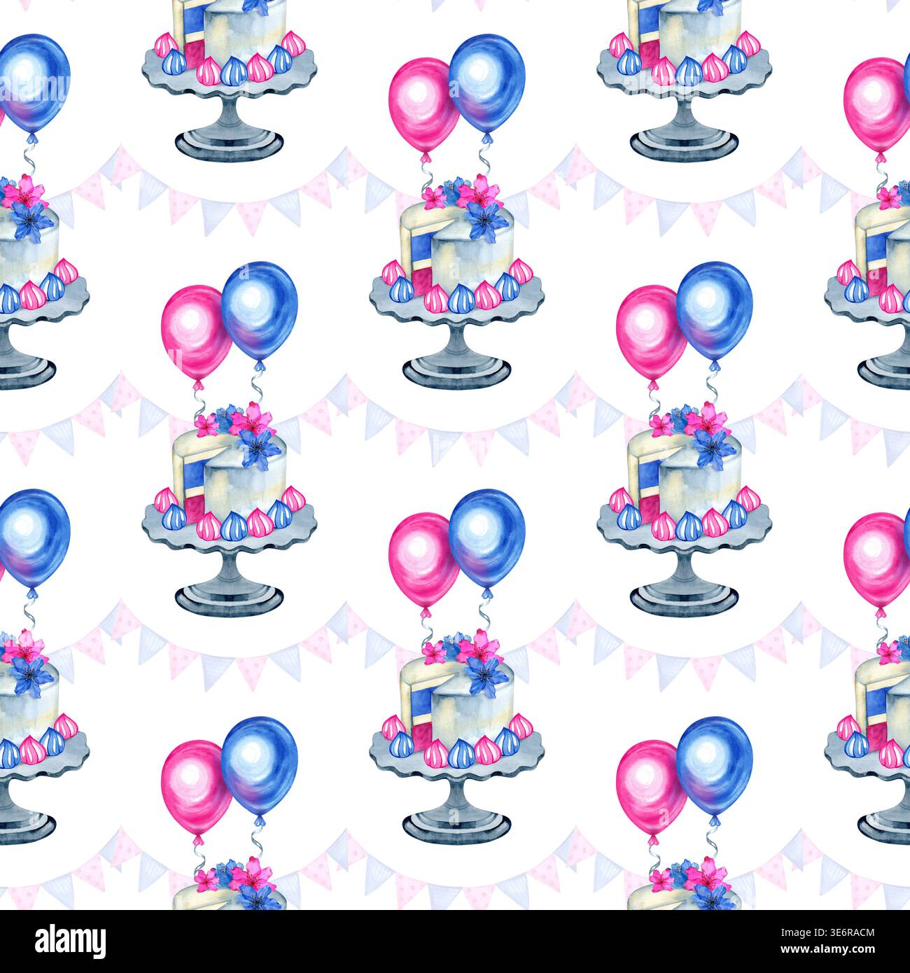 Hand drawn watercolor seamless pattern with gender reveal cakes on ...