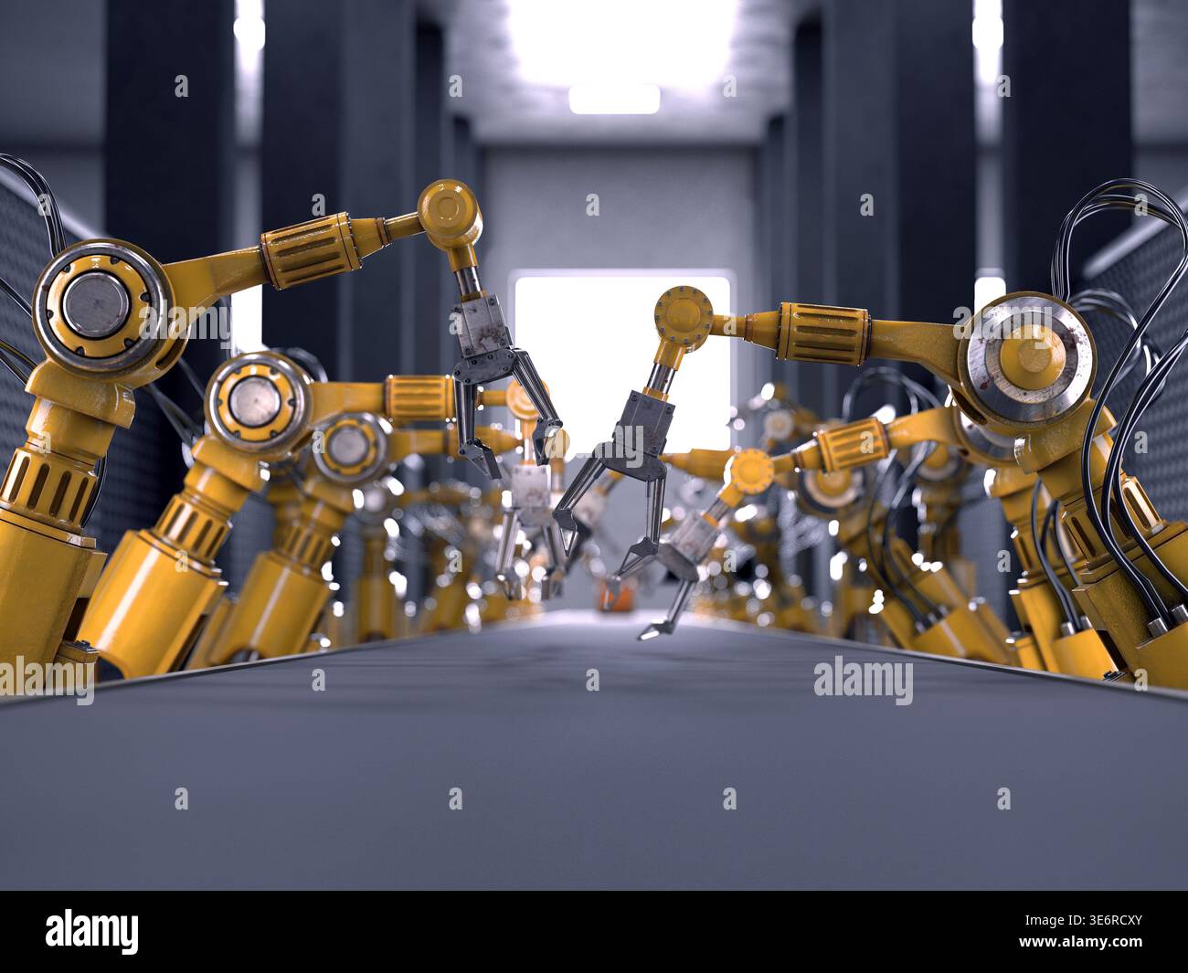 Automated factory production line with yellow robotic arms over a ...