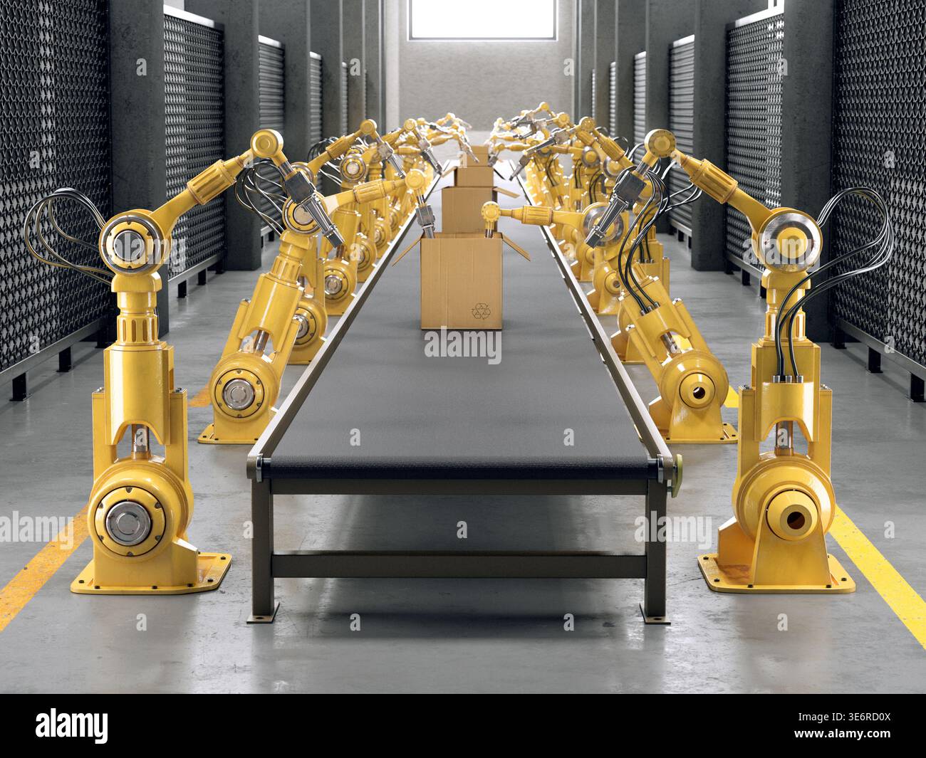 Automated Line Automated factory production line with yellow robotic arms and conveyor ...