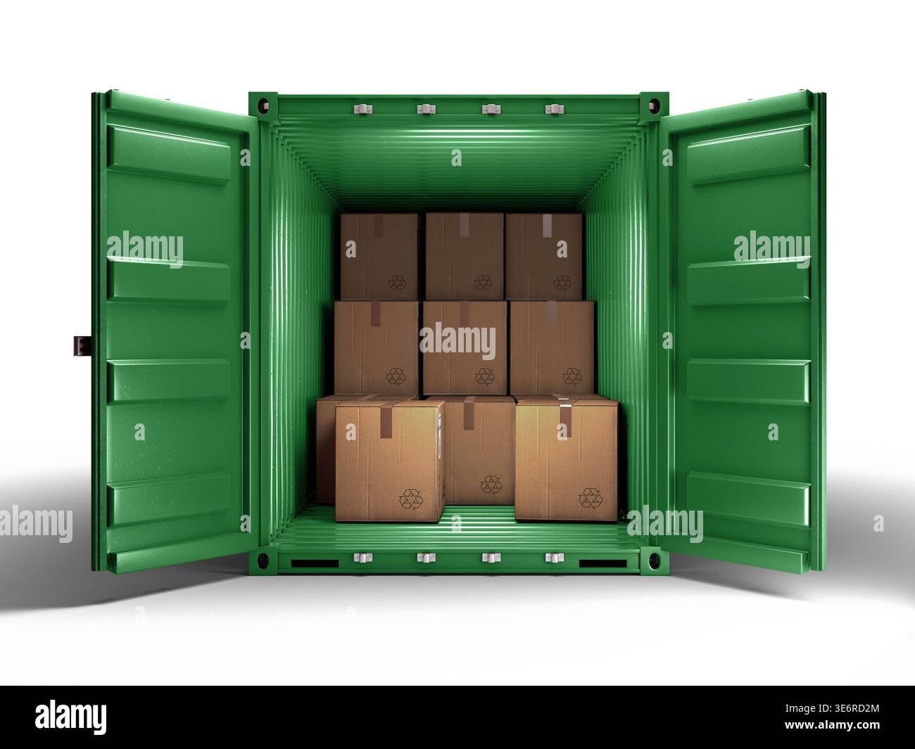 Open green shipping container filled with stacked cardboard boxes ...