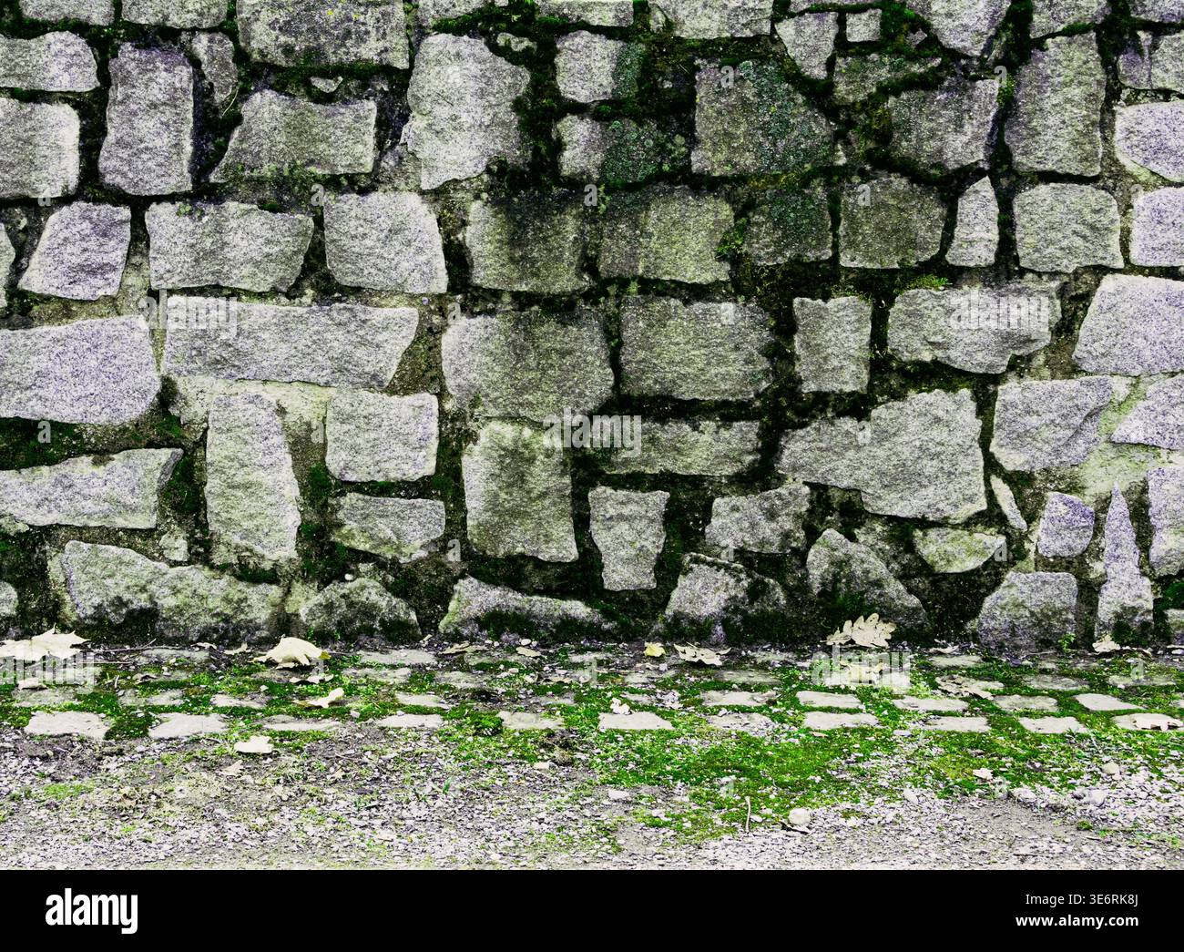 A high-quality texture shot of a rustic stone wall built from irregular granite blocks with dark crevices and patches of green moss Stock Photo