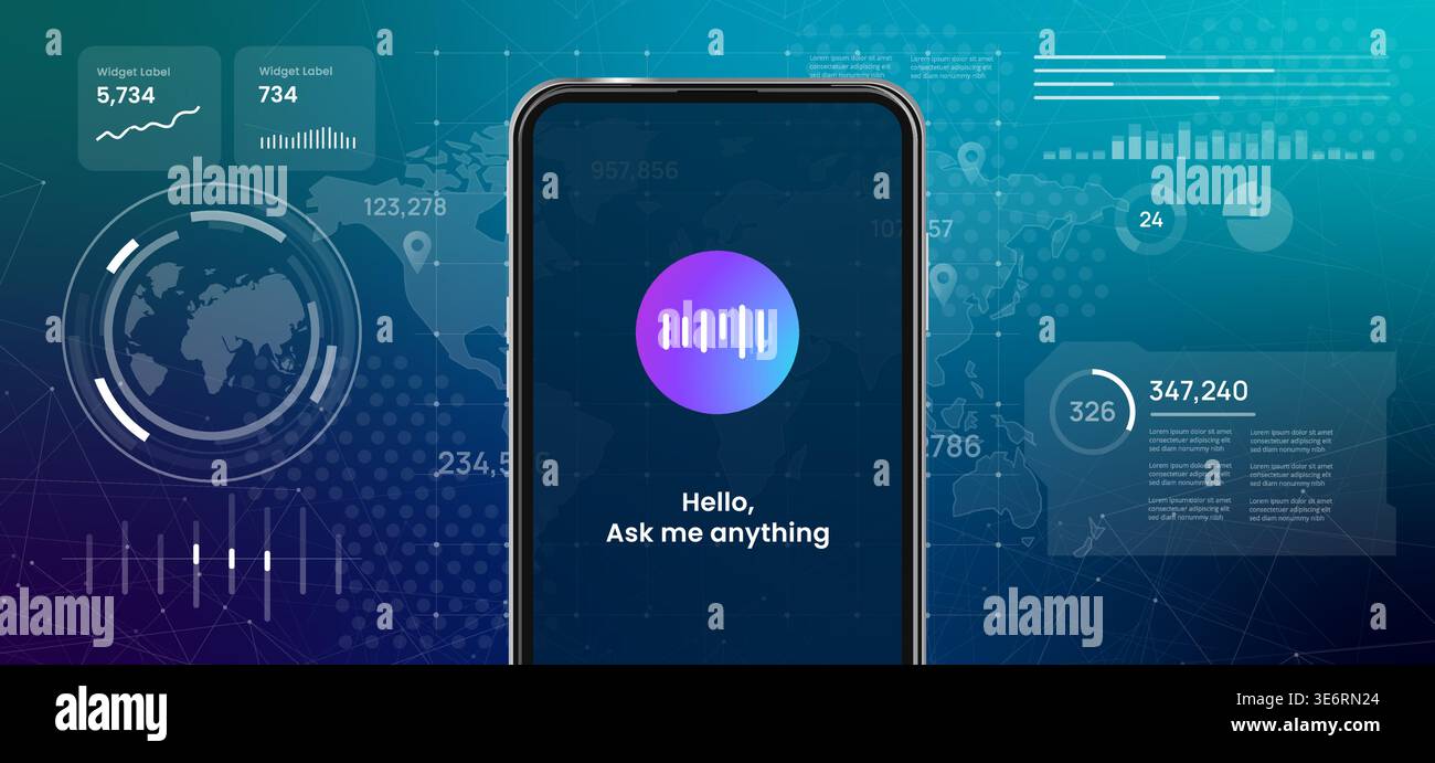 smartphone with voice wave assistant icon on screen text message personal helper application smart interactive search engine technology using Stock Vector