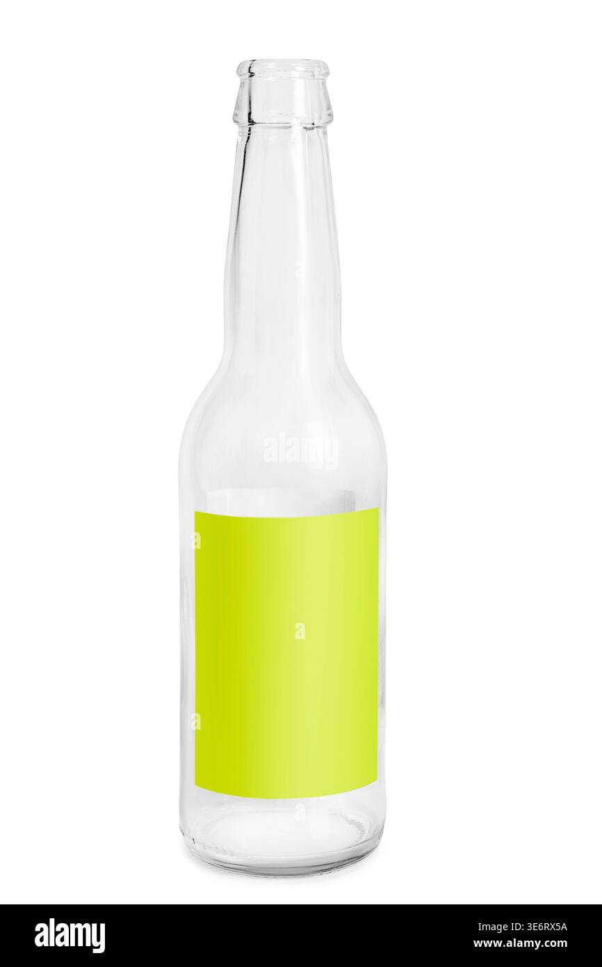 Empty beer bottle with yellow blank label isolated over white Stock Photo