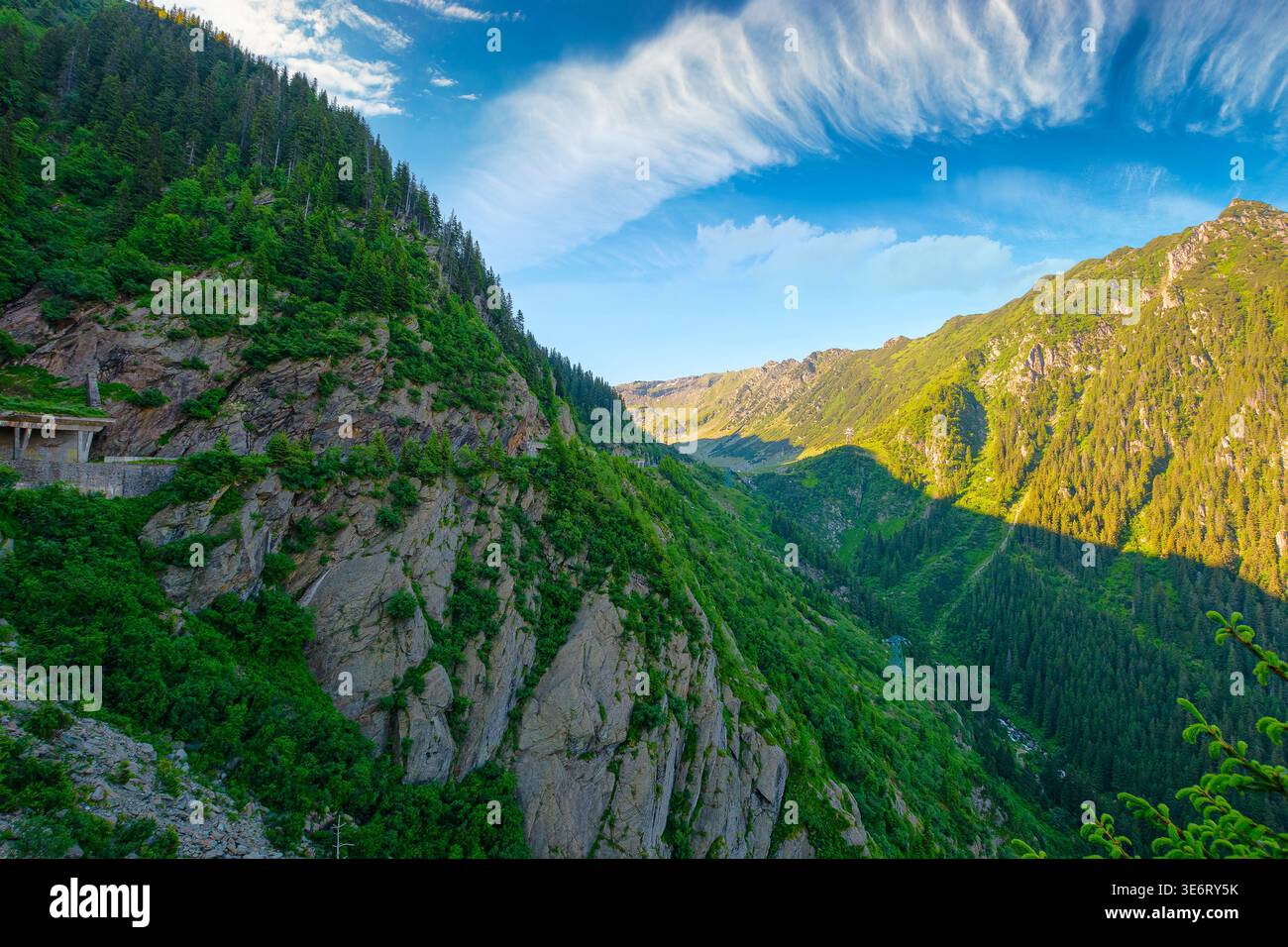 Valley in summer mountains. Gorgeous mountainous landscape of Carpathians. Rocky cliffs and forested slopes under blue sky. Scenery of Fagaras ridge o Stock Photo