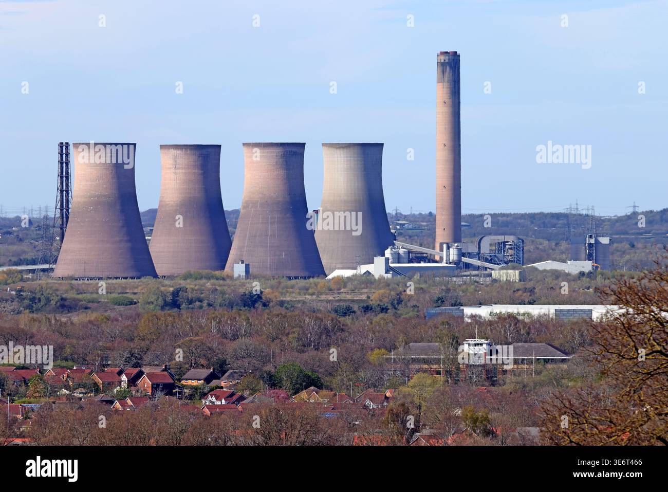 Four remaining cooling towers at the decommissioned Fiddler’s Ferry Power Station, west of Warrington, Cheshire, England. Stock Photo
