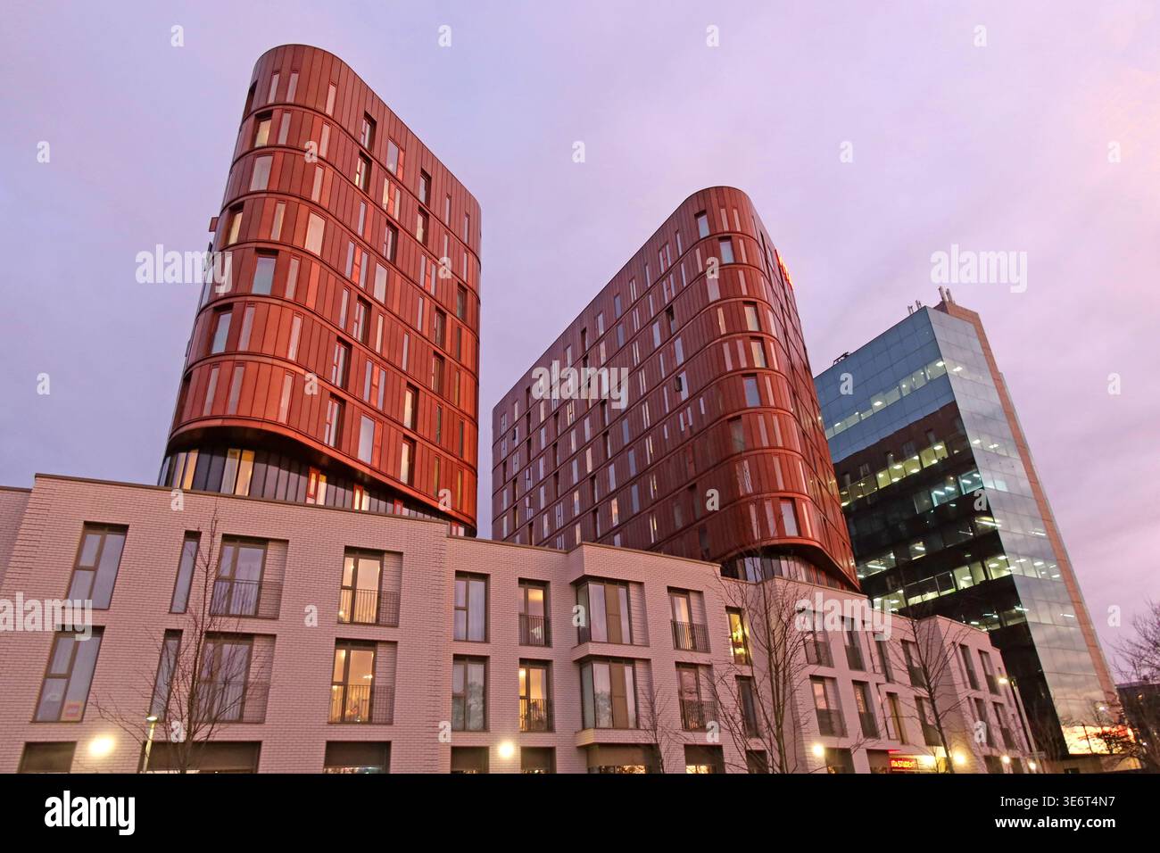 Vita Student Copper Towers accommodation on Warwick Road, Coventry, England, photographed at dusk. Stock Photo