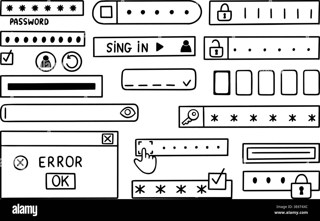 Doodle verification and security. Various interface bars for input password or personal code. Banking, identification on website panels, neoteric Stock Vector