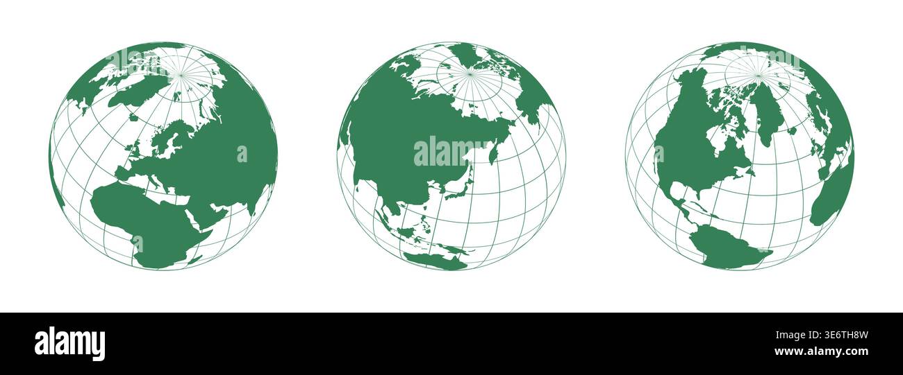 Set of three vector world map globes showing different continents in ...