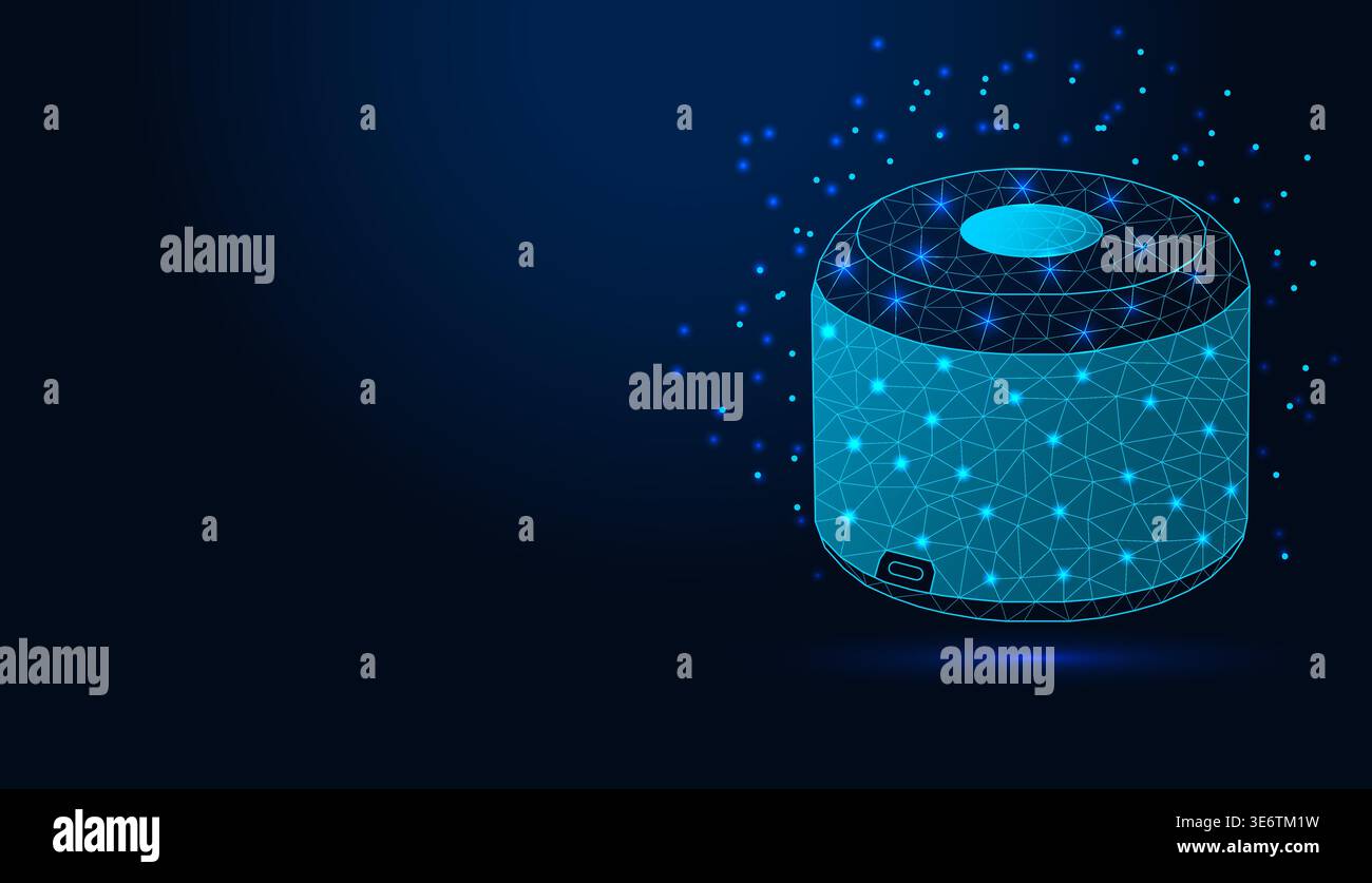 Low poly wireframe smart speaker on dark blue background. Stock Vector