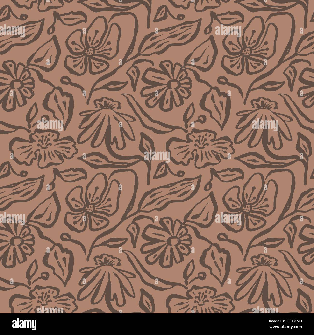 Brush strokes inky flowers brown seamless pattern Stock Vector