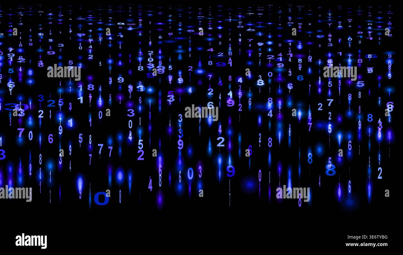 Blue falling numbers overlay background with matrix code style, digital binary data stream flow, futuristic technology computer hacker concept, cyber Stock Photo