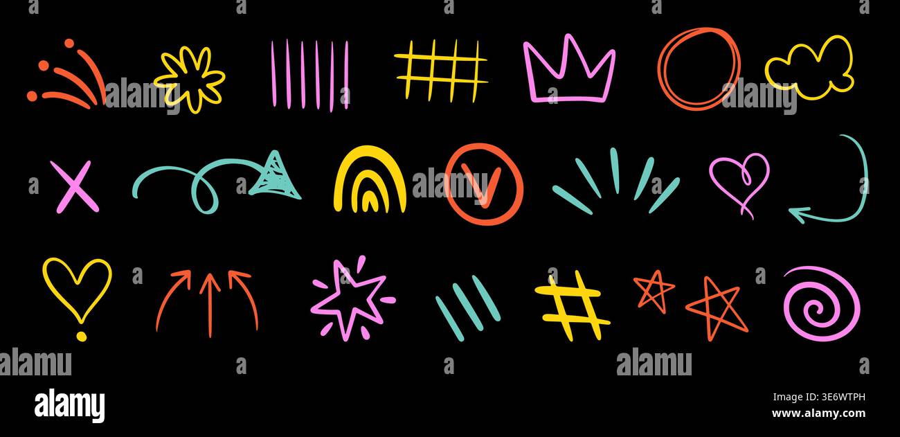 Colorful neon scribble elements set on dark Stock Vector