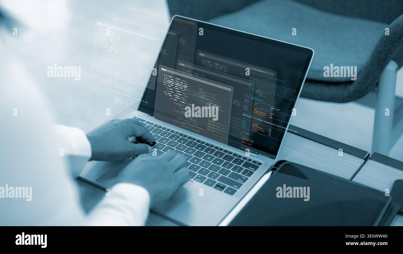 Software development and computer programming.Digital technology and internet security engineering.Professional web developer coding on laptop screen. Stock Photo
