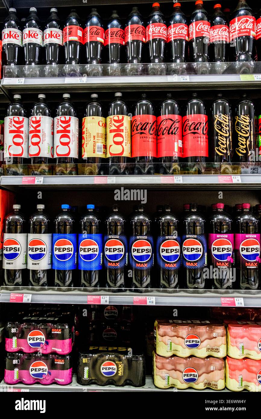 Selection Cola Epsom, London UK, April 08 2026, Selection of Bottles of Fizzy Popular ...