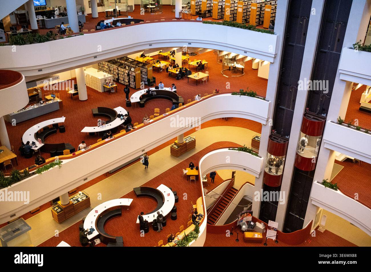Interior view of the Toronto Reference Library showing curved balconies ...