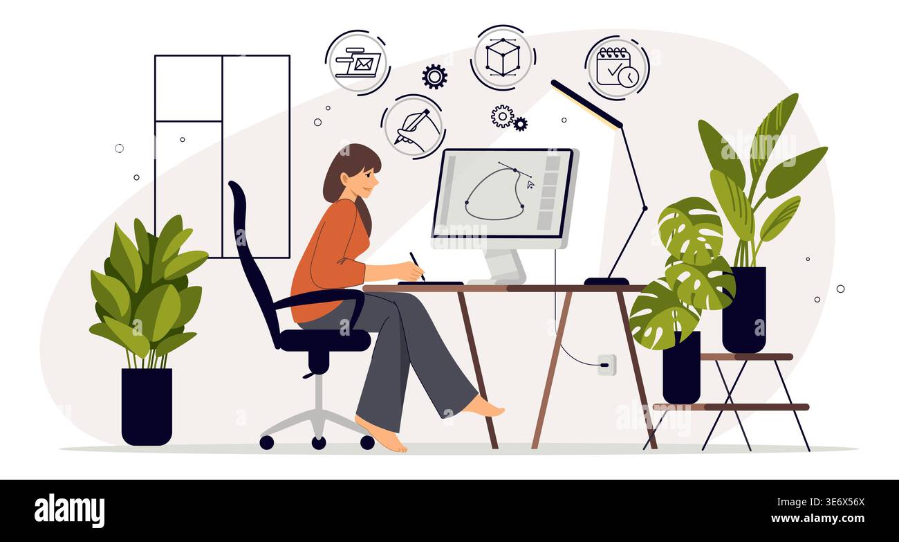 Woman work. Freelance at home, computer or secretary desk for business, marketing code. Remote character graphic designer. Creative process working. Vector cartoon flat style isolated illustration Stock Vector