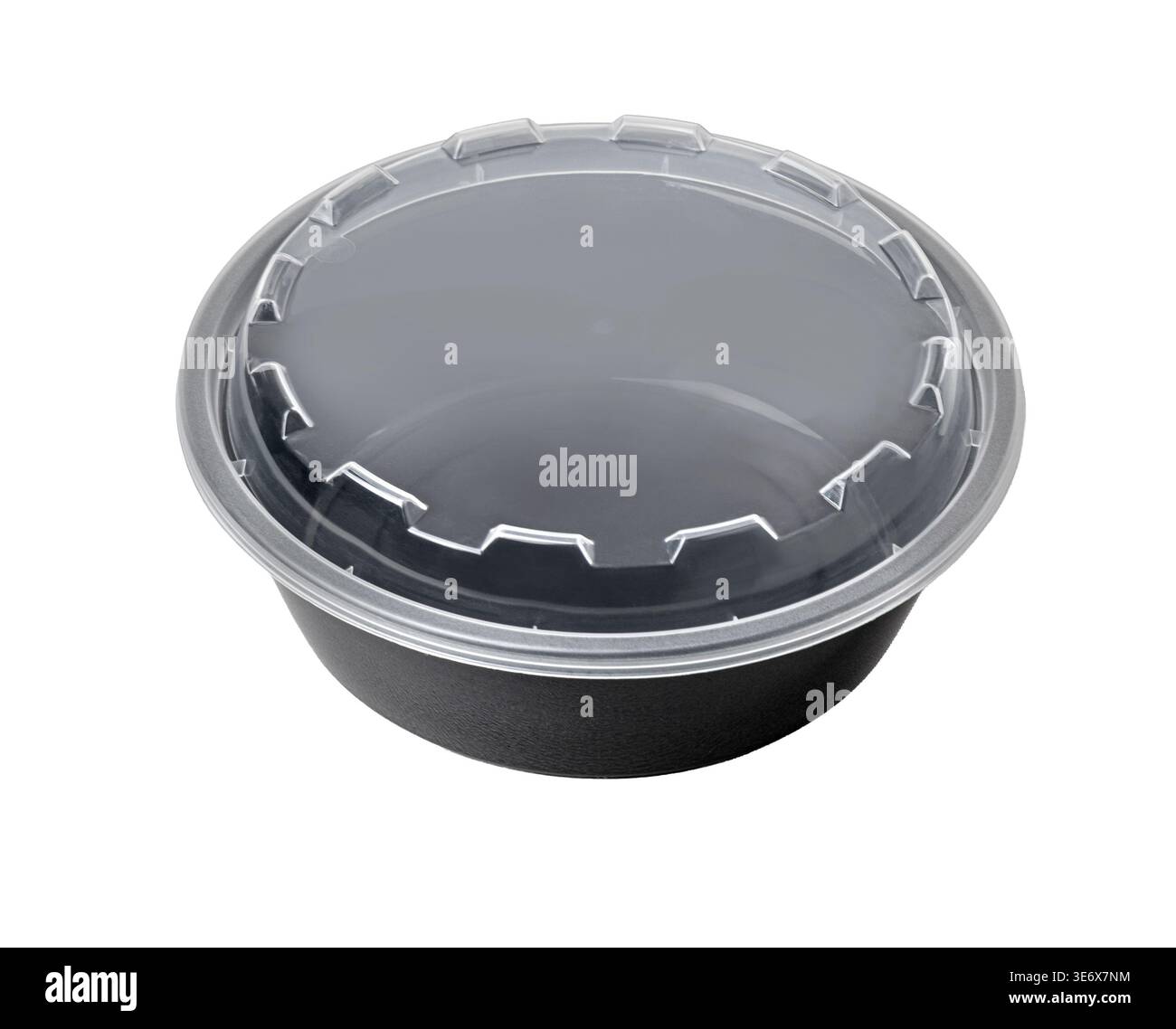 Round black plastic container with transparent lid on a white background Stock Photo